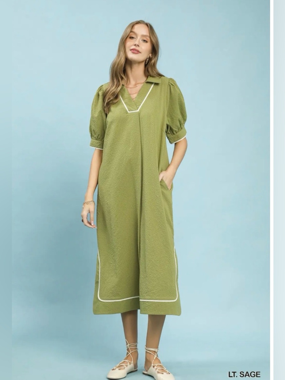 🌿 Umgee Seersucker Midi Dress with Contrast Trim – Light Sage 🛍️